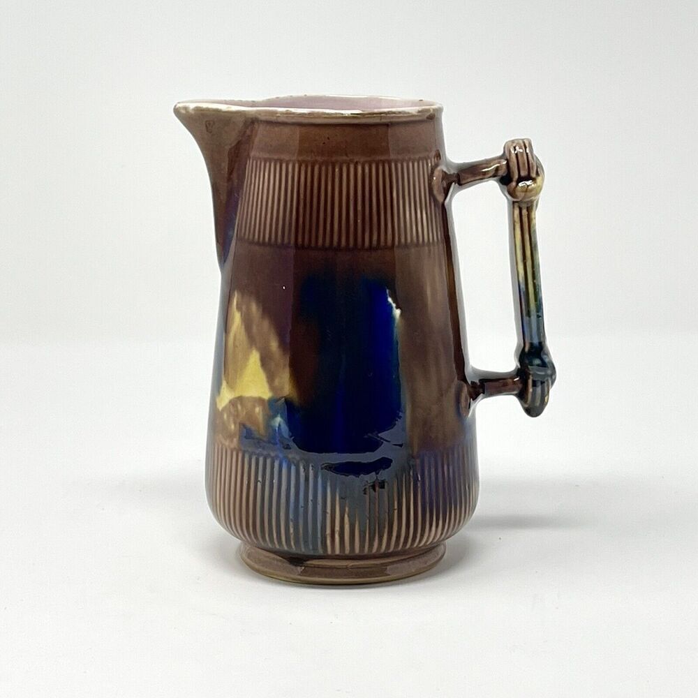 Majolica George Jones Creamer Syrup Pitcher Jug Antique Brown Blue Glaze Pink 5”